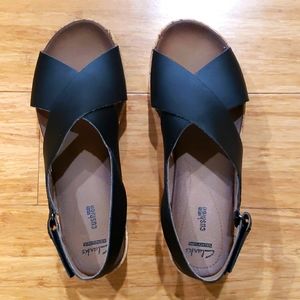 Clarks black strap,, cork wedge sandals,  size 10 wide